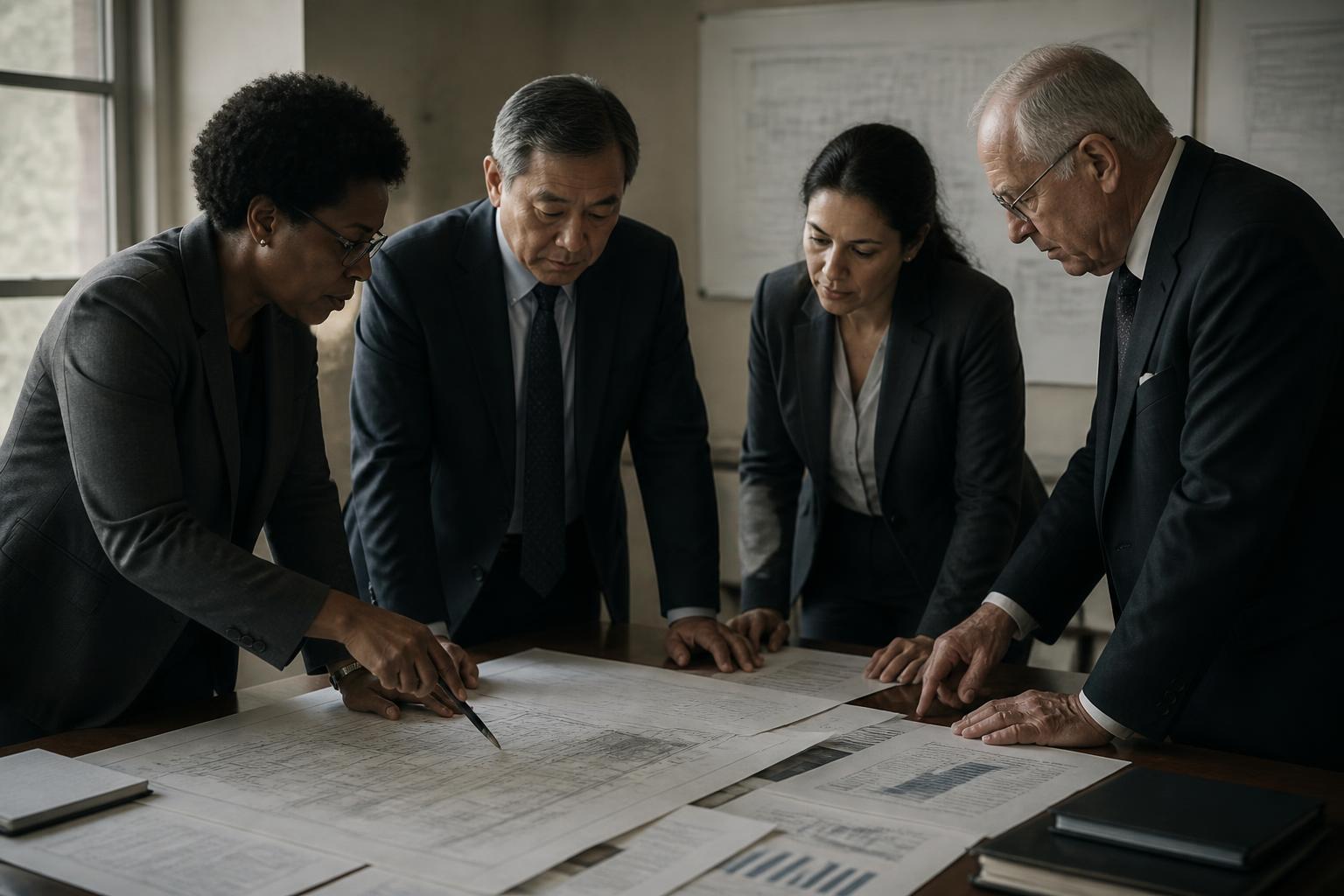 Conceptual image of experienced professionals from varied backgrounds reviewing technical and financial documents together
