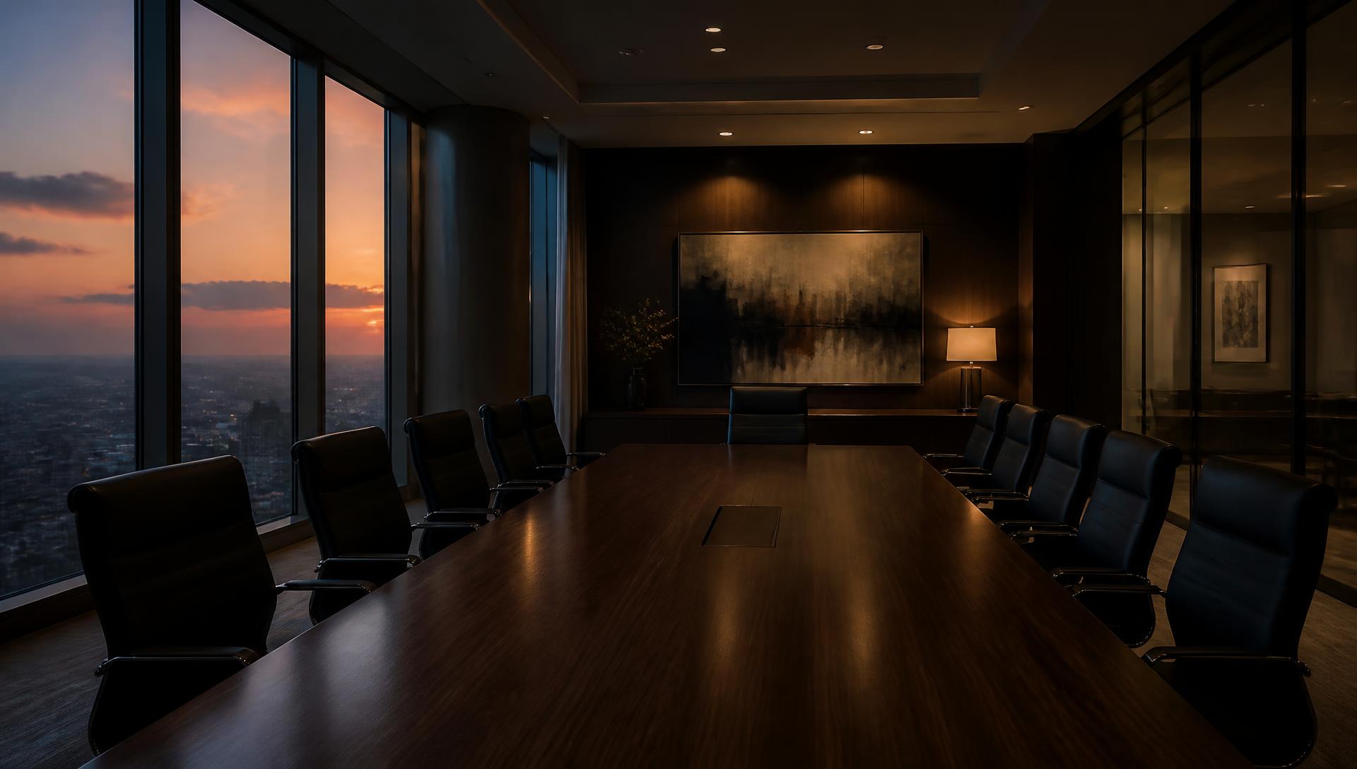 Conceptual image of an executive boardroom at dusk