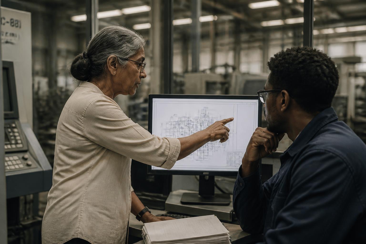 Conceptual image of an experienced engineer explaining a technical schematic to a younger colleague in an industrial facility