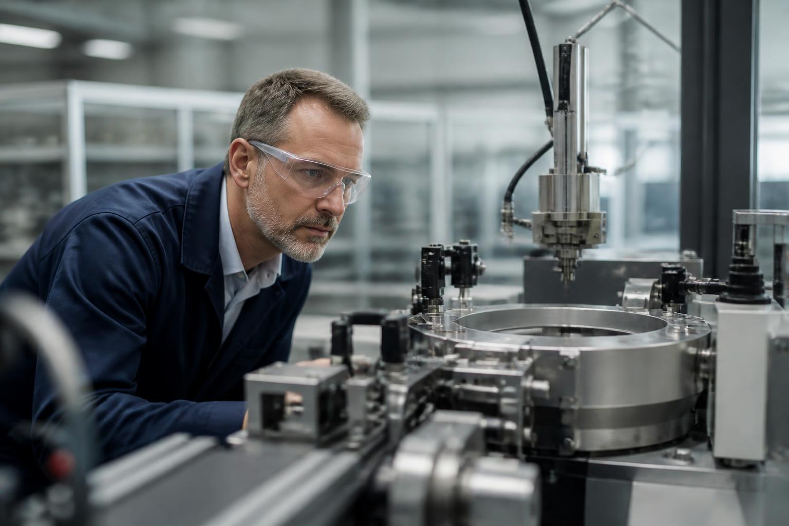 Conceptual image of an experienced engineer examining precision equipment in a manufacturing facility
